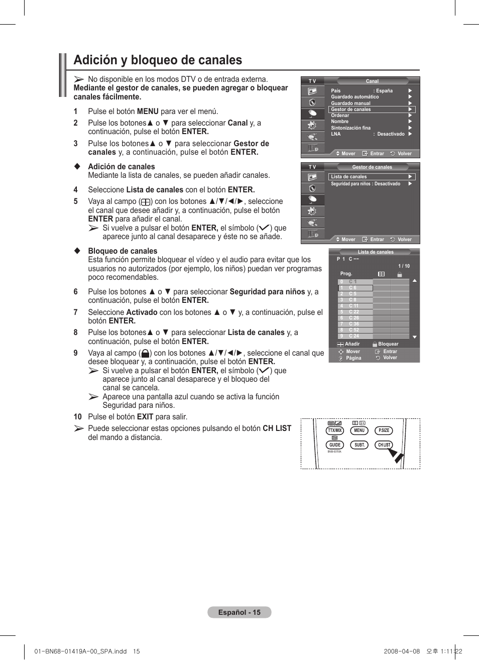 Adición y bloqueo de canales | Samsung PS42A416C1D User Manual | Page 261 / 394