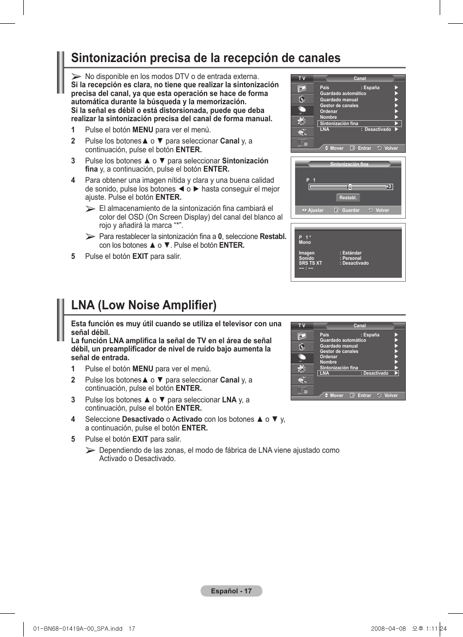 Sintonización precisa de la recepción de canales, Lna (low noise amplifier) | Samsung PS42A416C1D User Manual | Page 263 / 394