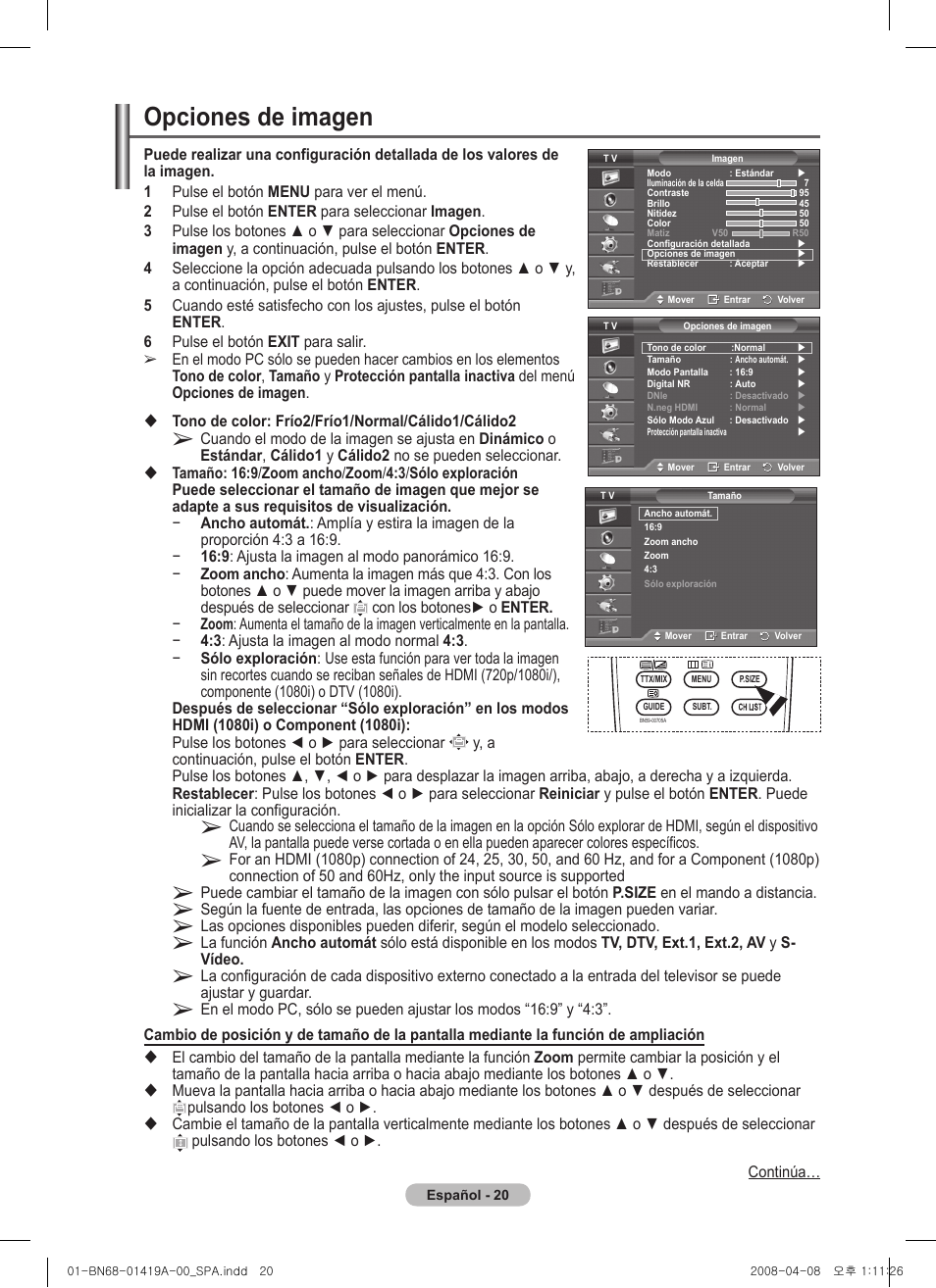 Opciones de imagen | Samsung PS42A416C1D User Manual | Page 266 / 394
