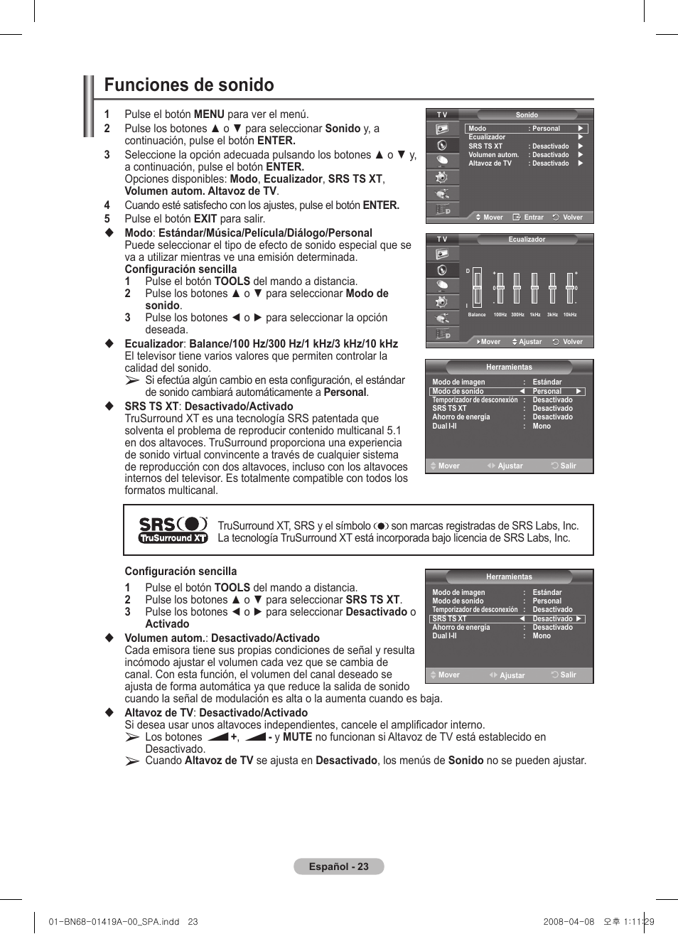 Funciones de sonido | Samsung PS42A416C1D User Manual | Page 269 / 394
