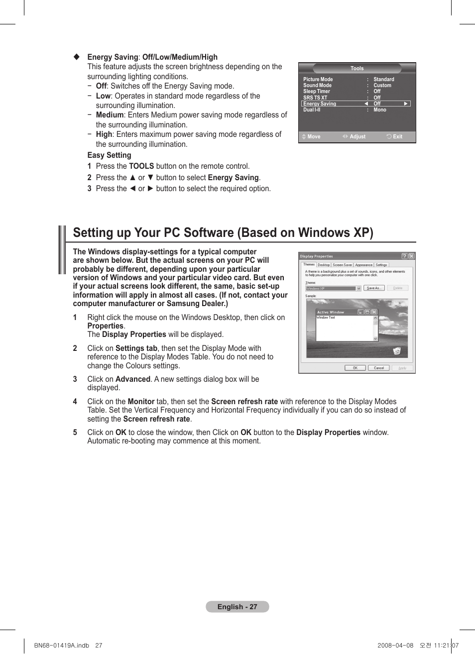 Setting up your pc software (based on windows xp) | Samsung PS42A416C1D User Manual | Page 27 / 394