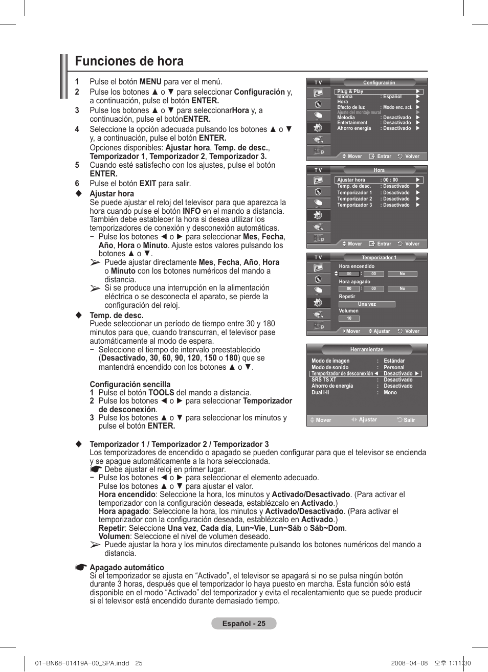 Funciones de hora | Samsung PS42A416C1D User Manual | Page 271 / 394