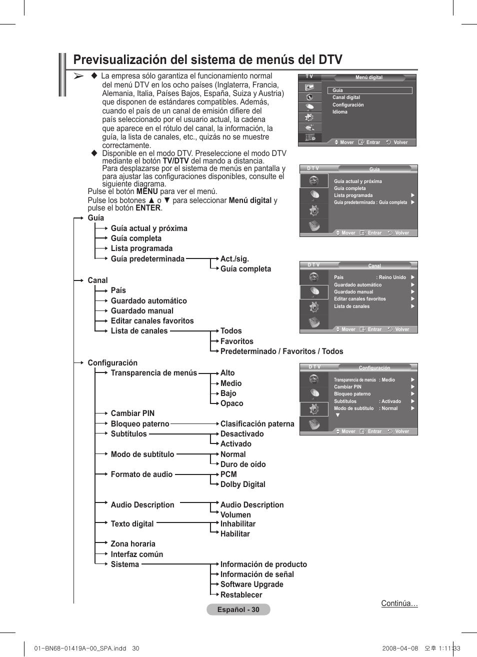 Previsualización del sistema de menús del dtv | Samsung PS42A416C1D User Manual | Page 276 / 394