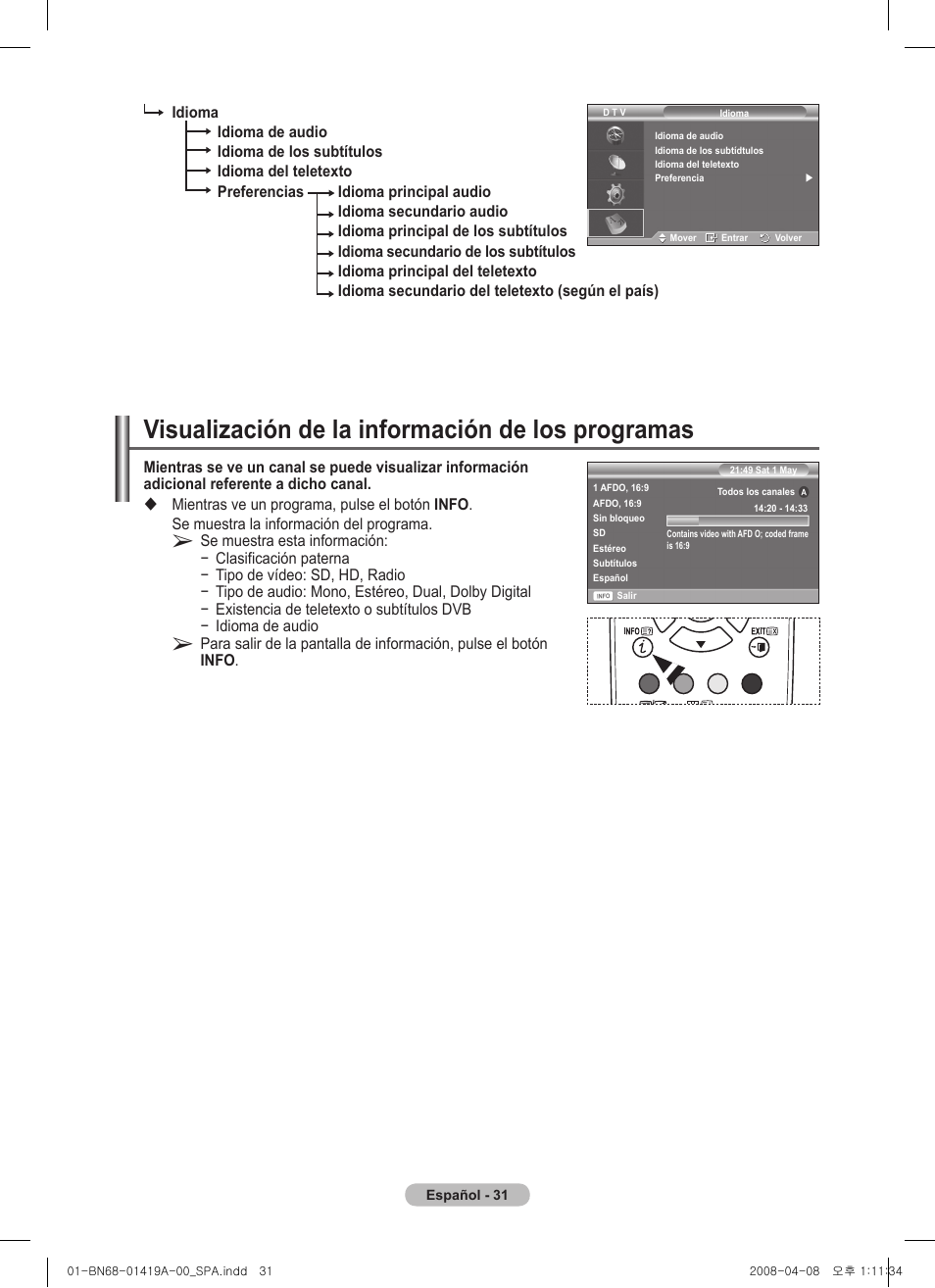 Visualización de la información de los programas | Samsung PS42A416C1D User Manual | Page 277 / 394