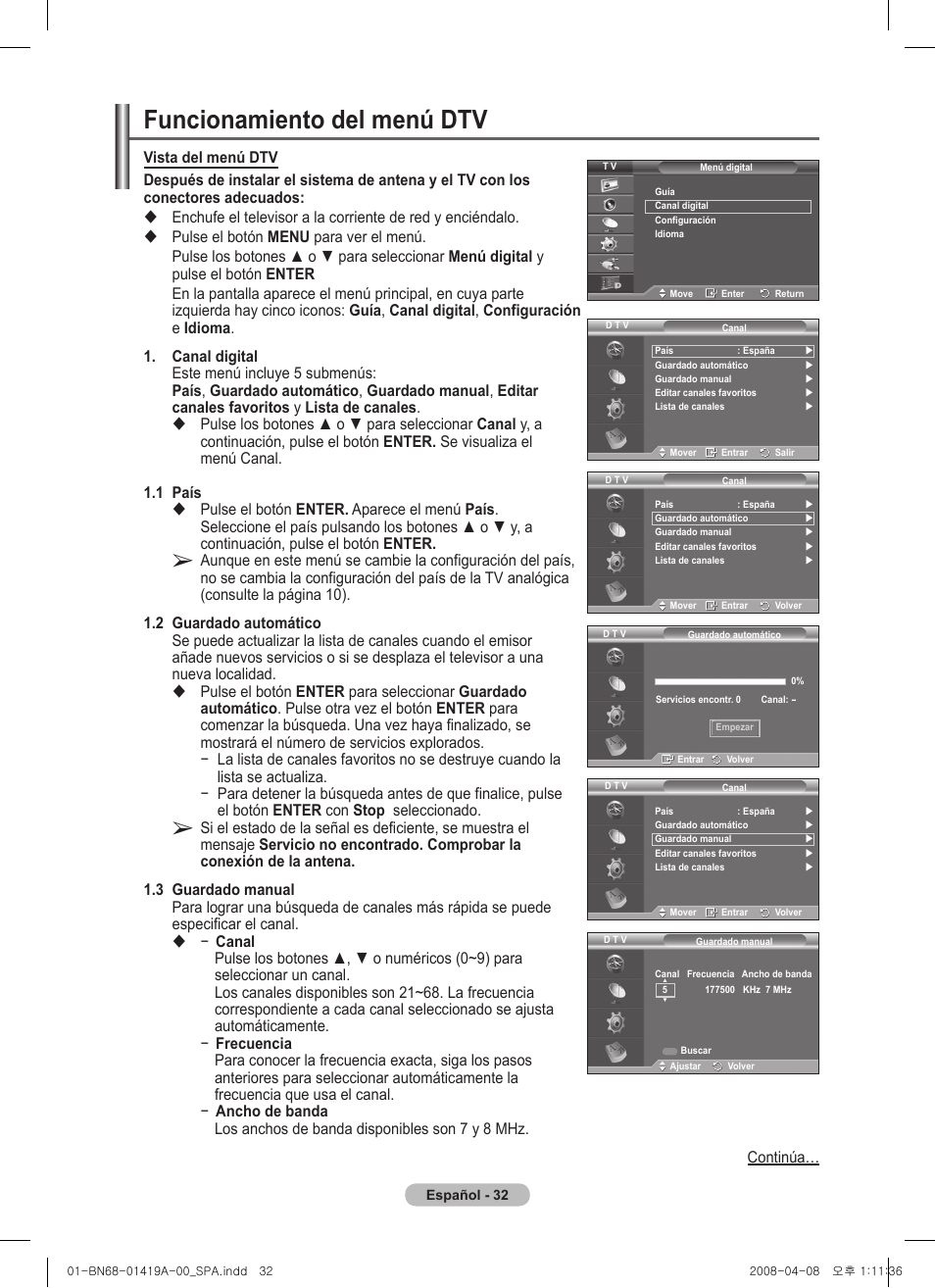 Funcionamiento del menú dtv | Samsung PS42A416C1D User Manual | Page 278 / 394