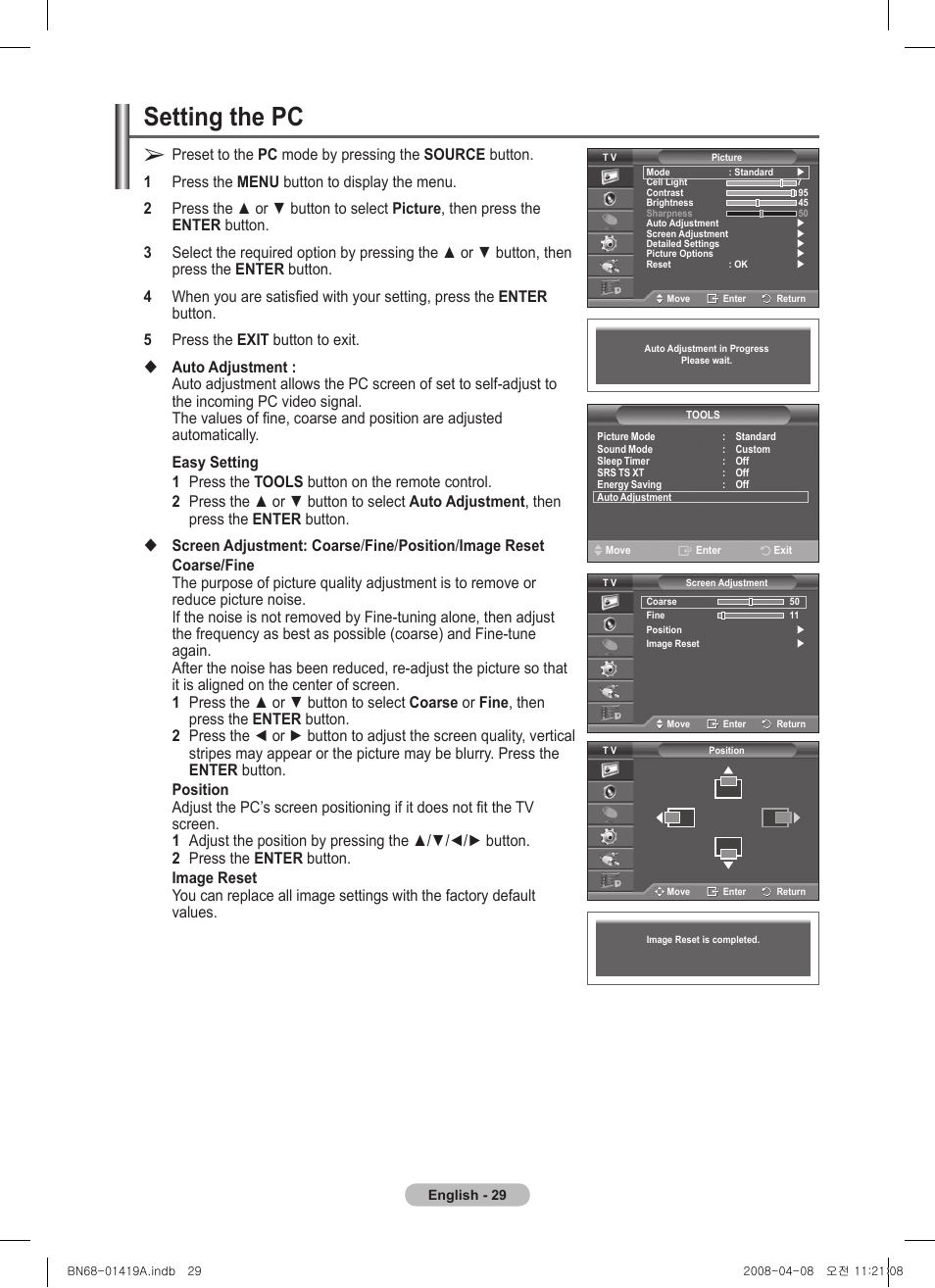 Setting the pc | Samsung PS42A416C1D User Manual | Page 29 / 394