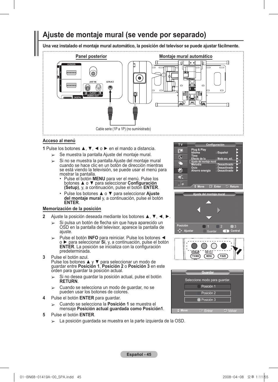 Ajuste de montaje mural (se vende por separado) | Samsung PS42A416C1D User Manual | Page 291 / 394