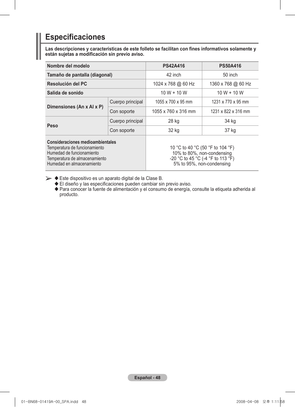 Especificaciones | Samsung PS42A416C1D User Manual | Page 294 / 394