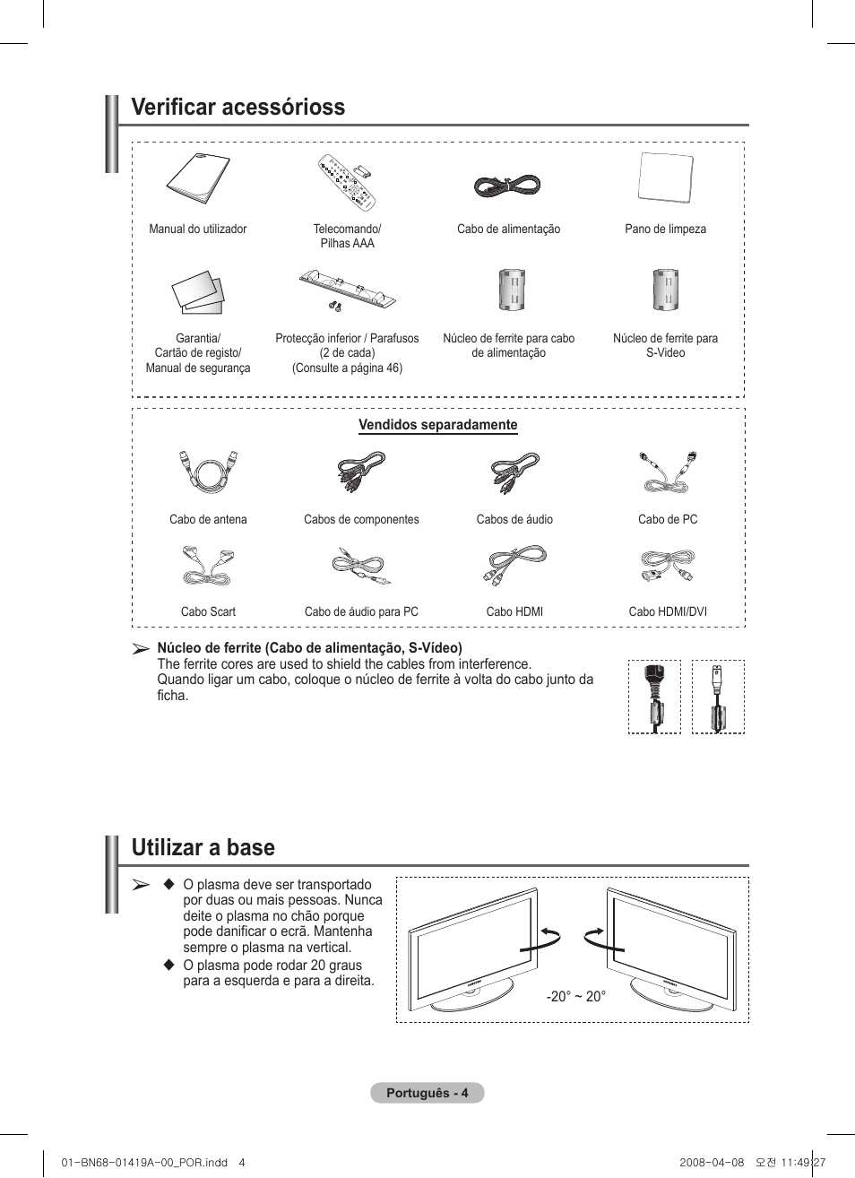 Utilizar a base, Verificar acessórioss | Samsung PS42A416C1D User Manual | Page 299 / 394