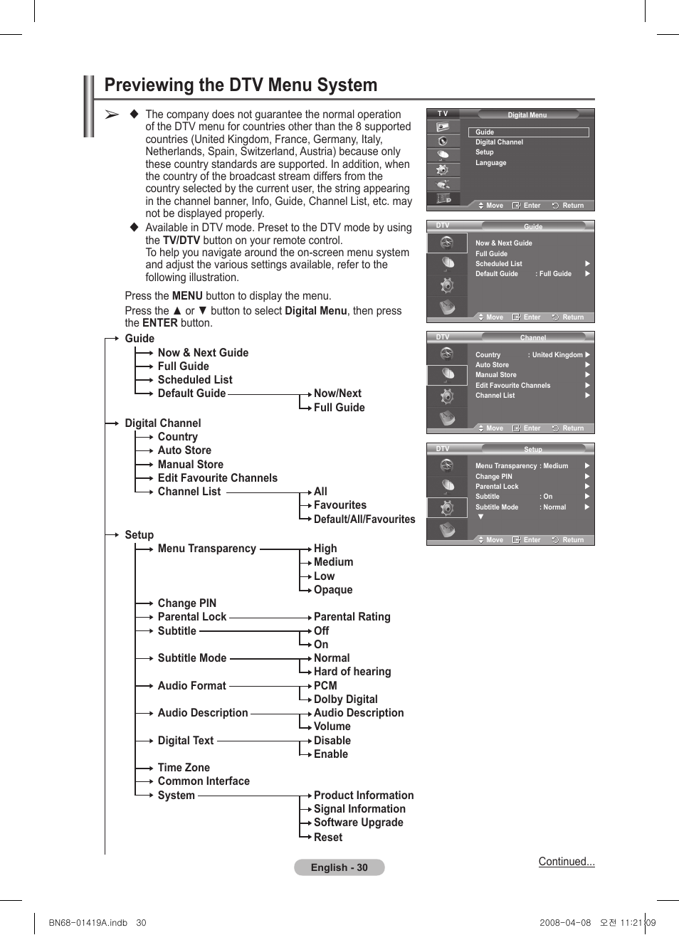 Previewing the dtv menu system | Samsung PS42A416C1D User Manual | Page 30 / 394