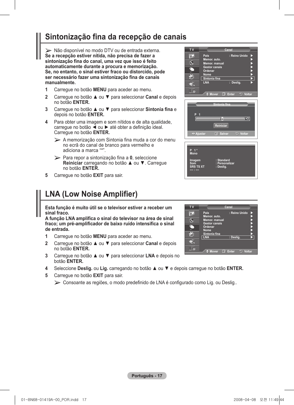 Lna (low noise amplifier), Sintonização fina da recepção de canais | Samsung PS42A416C1D User Manual | Page 312 / 394