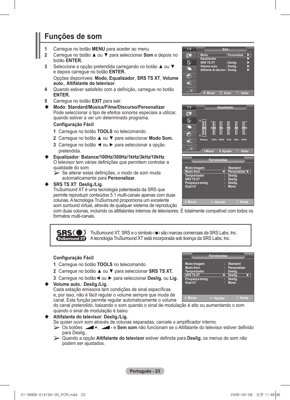 Funções de som | Samsung PS42A416C1D User Manual | Page 318 / 394