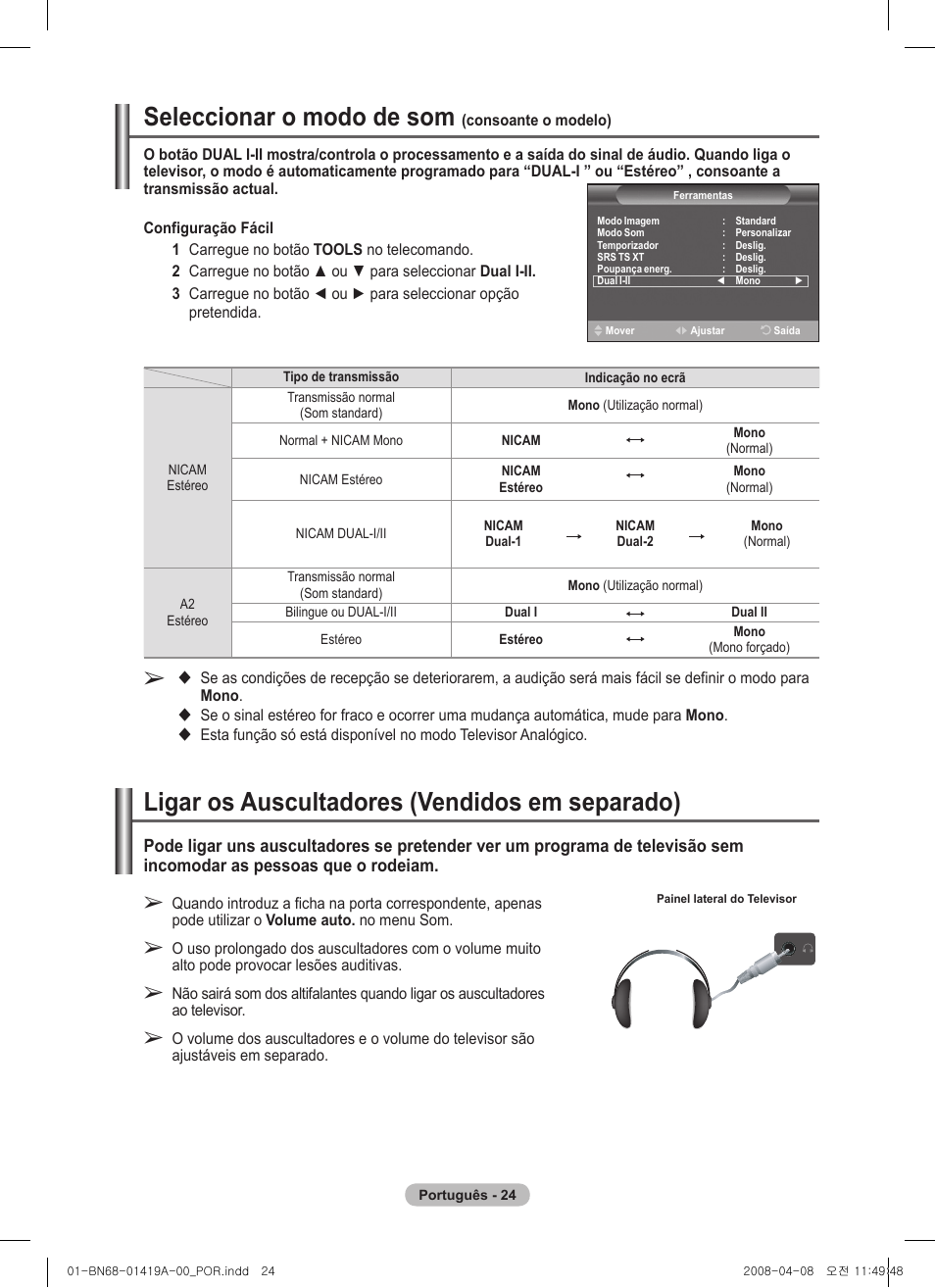 Seleccionar o modo de som, Ligar os auscultadores (vendidos em separado) | Samsung PS42A416C1D User Manual | Page 319 / 394