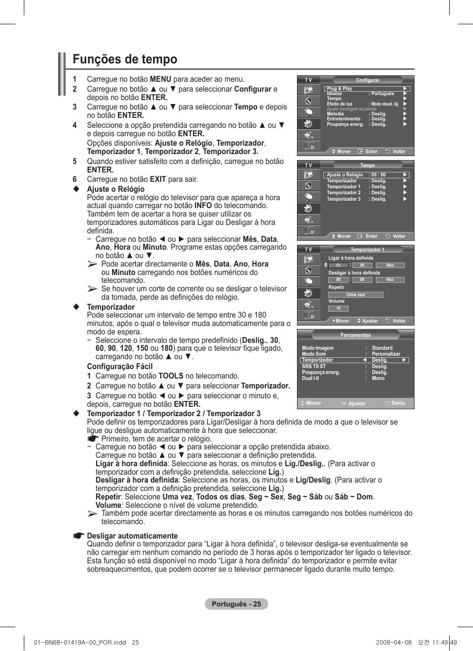 Funções de tempo | Samsung PS42A416C1D User Manual | Page 320 / 394