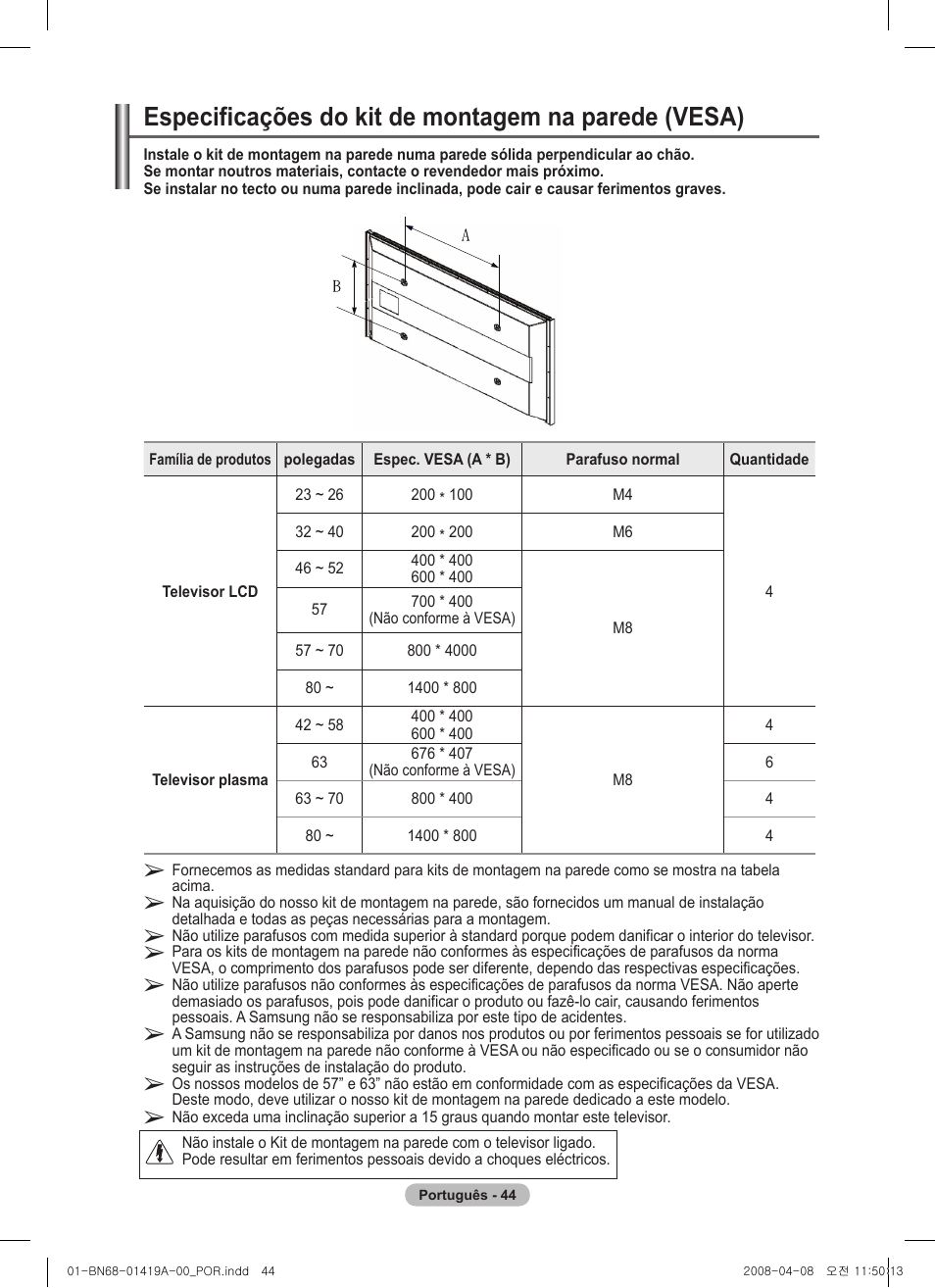 Especificações do kit de montagem na parede (vesa) | Samsung PS42A416C1D User Manual | Page 339 / 394