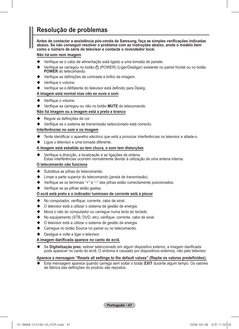 Resolução de problemas | Samsung PS42A416C1D User Manual | Page 342 / 394