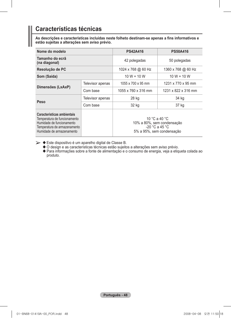 Características técnicas | Samsung PS42A416C1D User Manual | Page 343 / 394