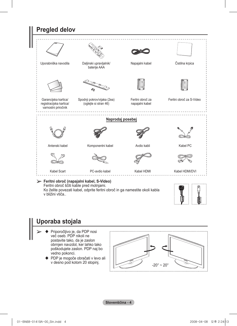 Uporaba stojala, Pregled delov | Samsung PS42A416C1D User Manual | Page 348 / 394