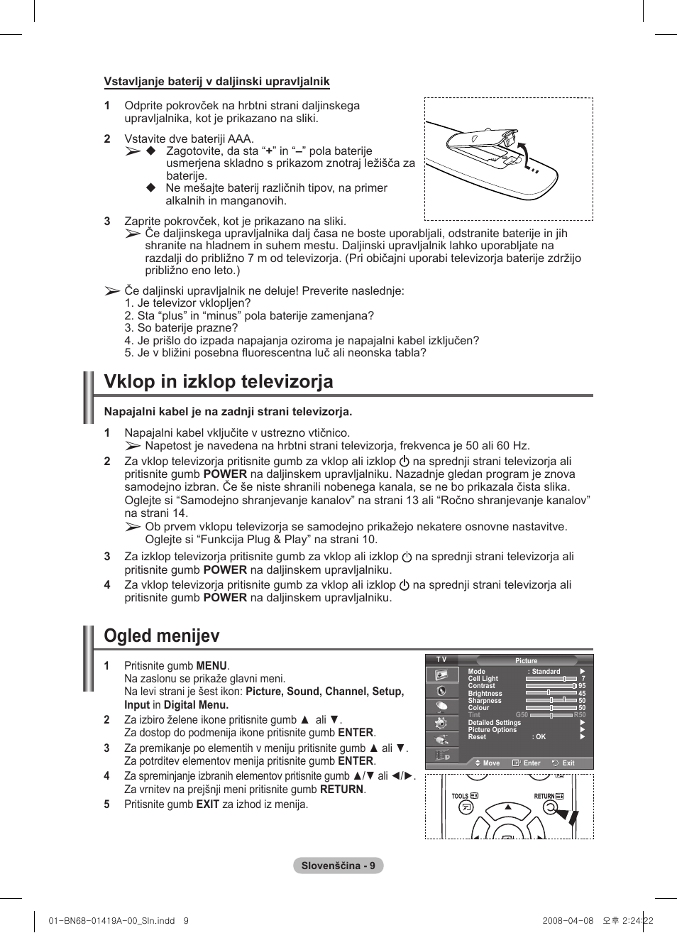 Vklop in izklop televizorja, Ogled menijev | Samsung PS42A416C1D User Manual | Page 353 / 394