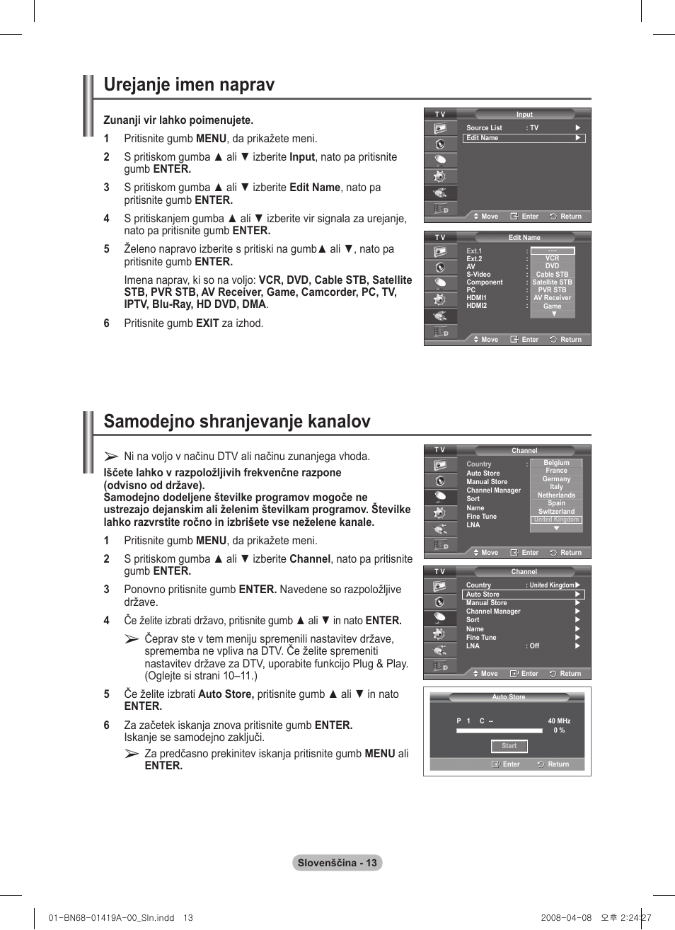 Urejanje imen naprav, Samodejno shranjevanje kanalov | Samsung PS42A416C1D User Manual | Page 357 / 394