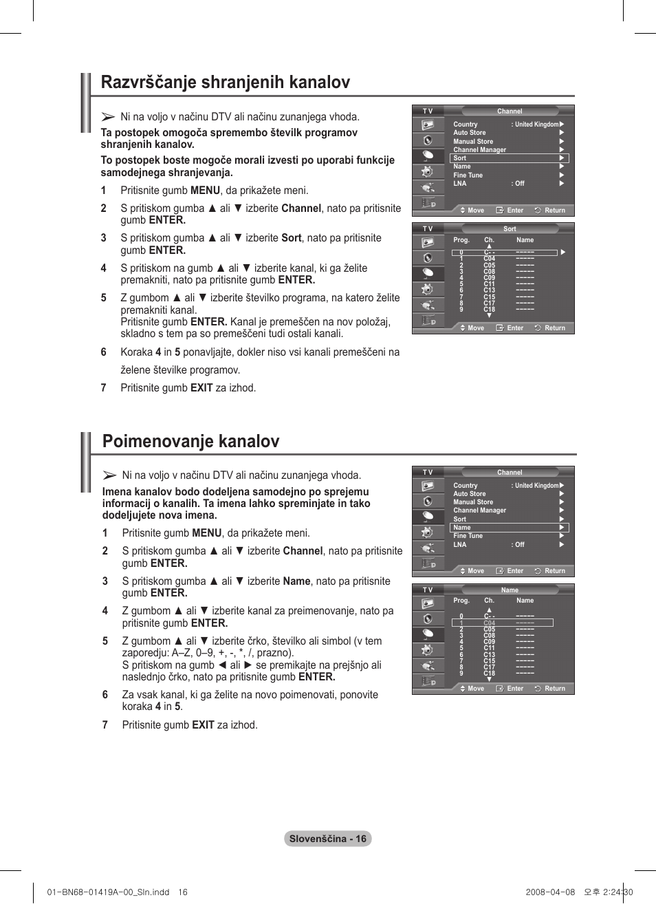 Razvrščanje shranjenih kanalov, Poimenovanje kanalov | Samsung PS42A416C1D User Manual | Page 360 / 394