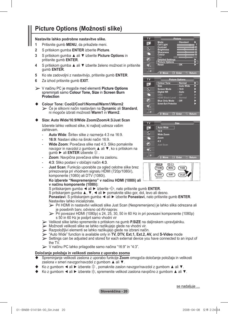 Picture options (možnosti slike) | Samsung PS42A416C1D User Manual | Page 364 / 394