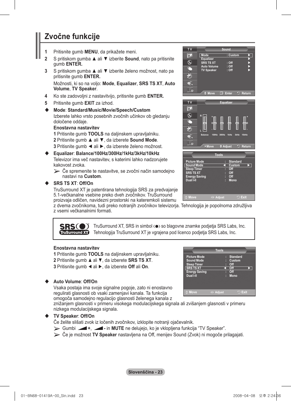 Zvočne funkcije | Samsung PS42A416C1D User Manual | Page 367 / 394