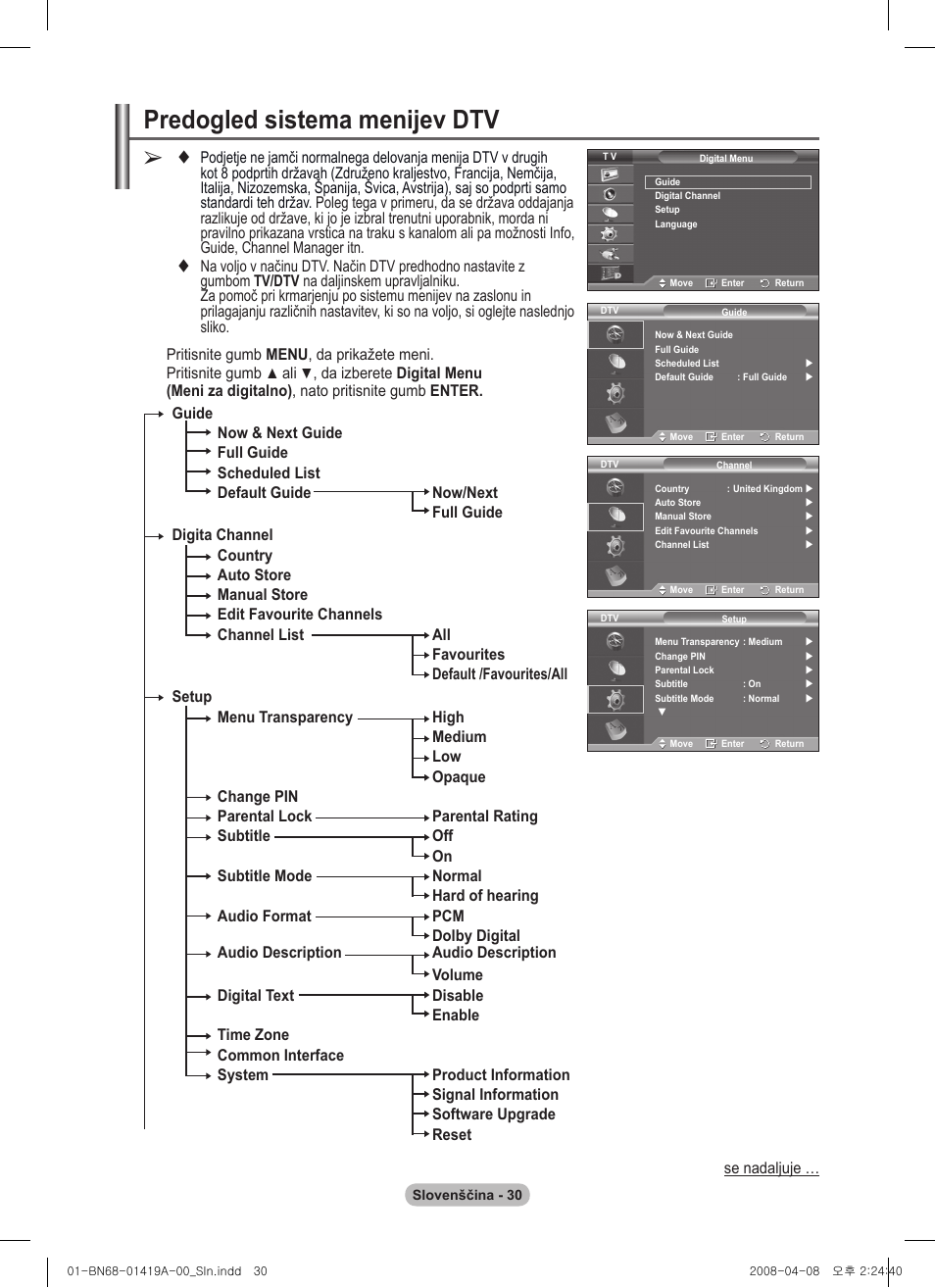 Predogled sistema menijev dtv | Samsung PS42A416C1D User Manual | Page 374 / 394