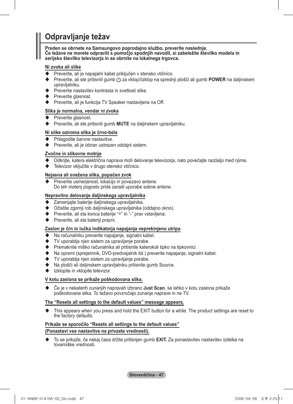 Odpravljanje težav | Samsung PS42A416C1D User Manual | Page 391 / 394