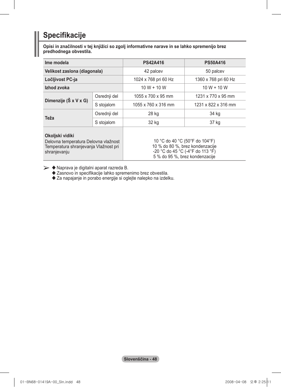 Specifikacije | Samsung PS42A416C1D User Manual | Page 392 / 394