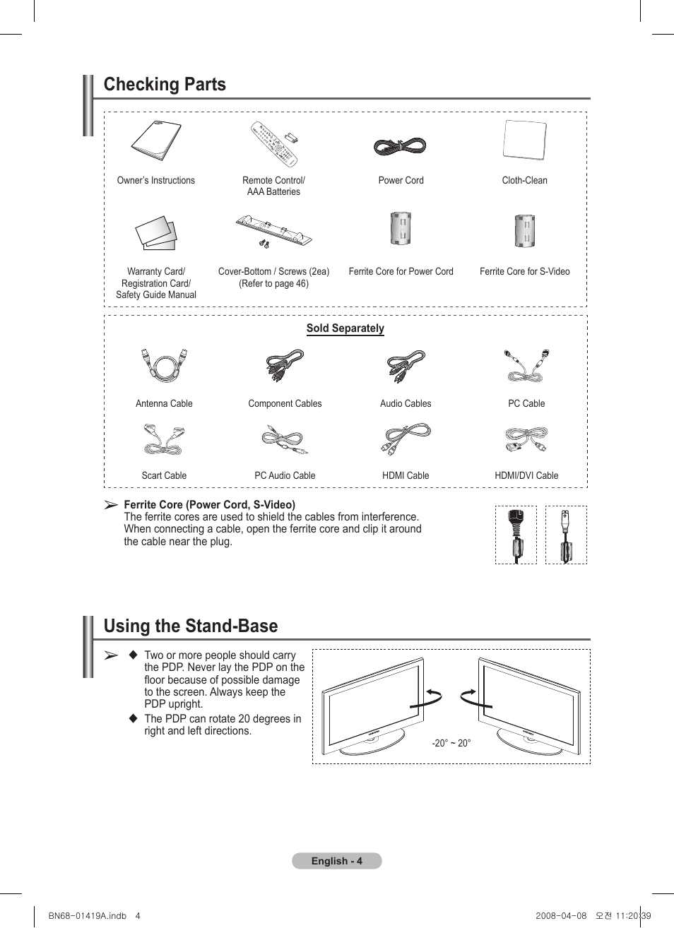 Checking parts, Using the stand-base | Samsung PS42A416C1D User Manual | Page 4 / 394