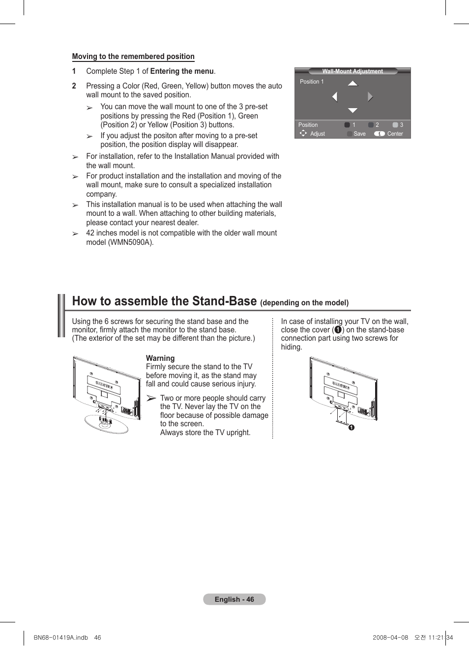 How to assemble the stand-base | Samsung PS42A416C1D User Manual | Page 46 / 394