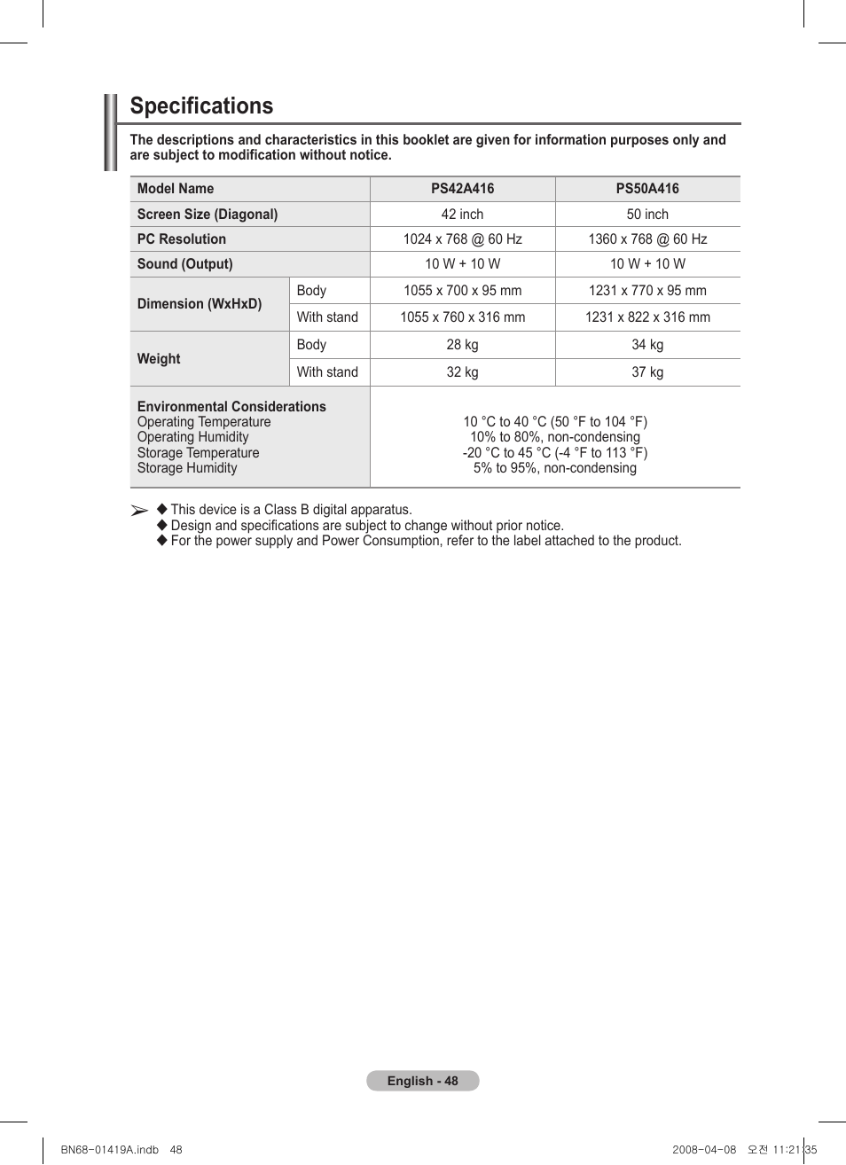 Specifications | Samsung PS42A416C1D User Manual | Page 48 / 394