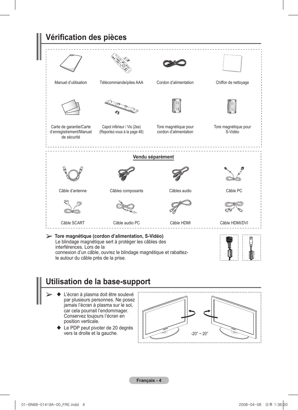 Vérification des pièces, Utilisation de la base-support | Samsung PS42A416C1D User Manual | Page 54 / 394