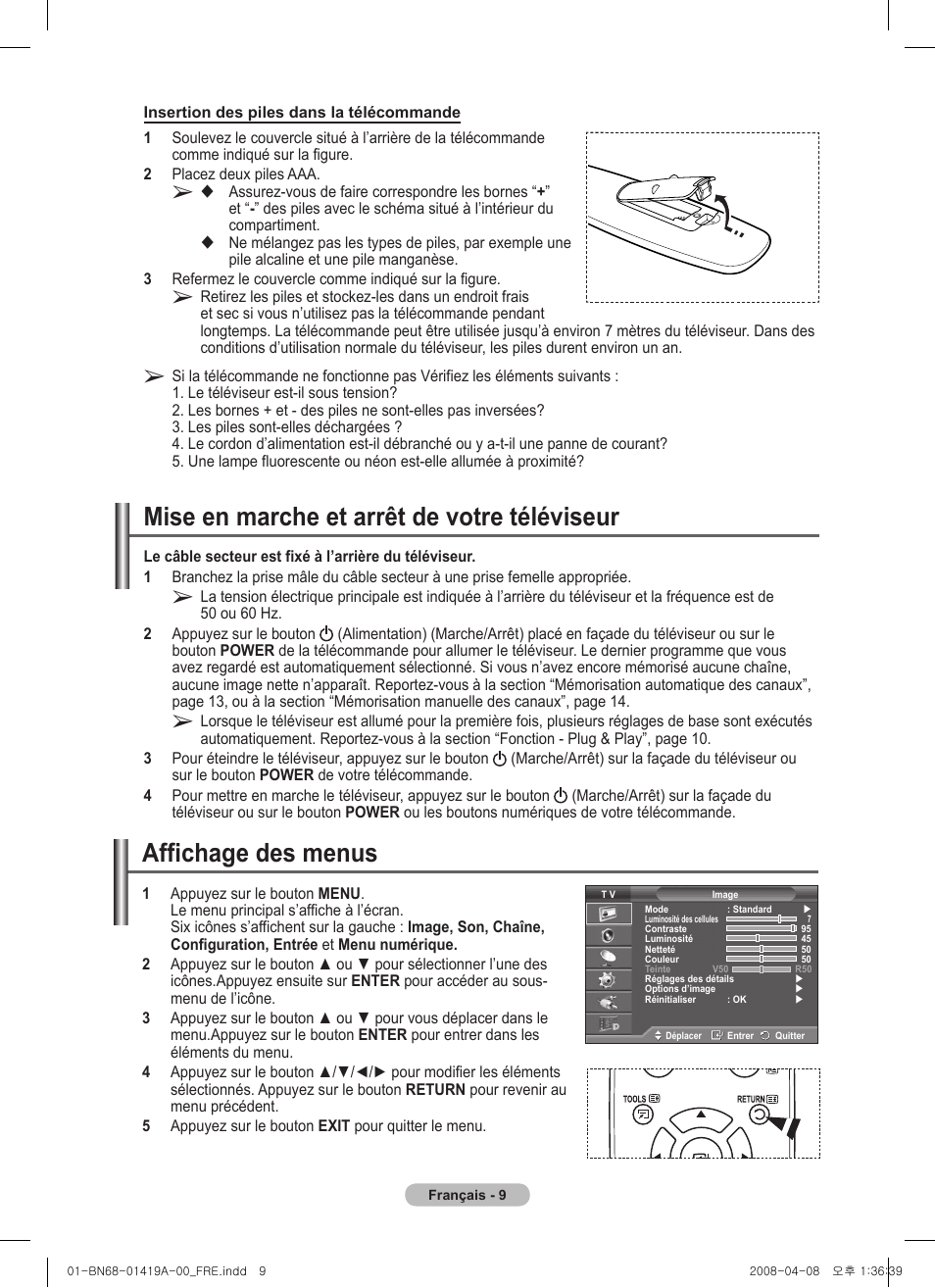 Mise en marche et arrêt de votre téléviseur, Affichage des menus | Samsung PS42A416C1D User Manual | Page 59 / 394