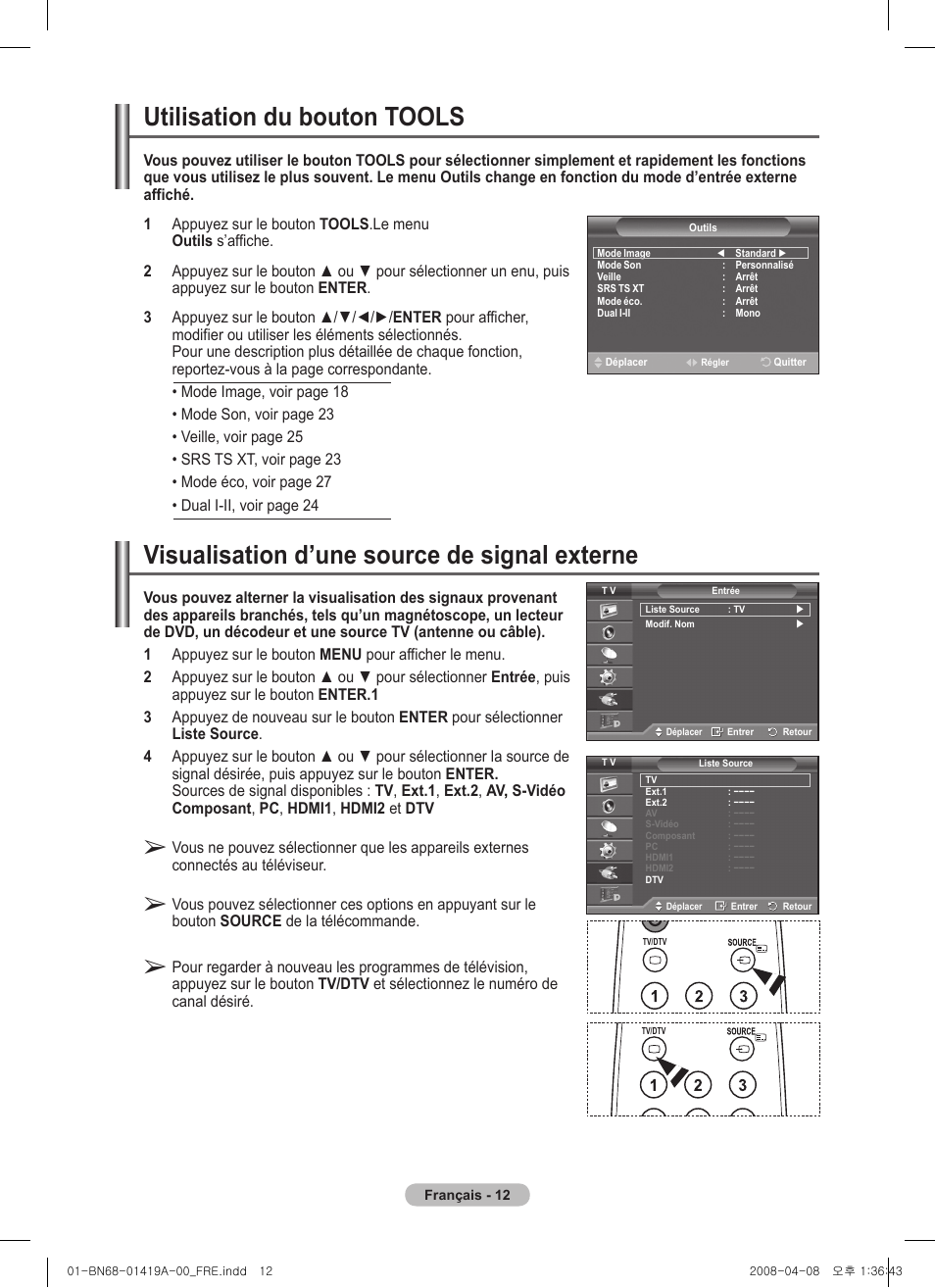 Utilisation du bouton tools, Visualisation d’une source de signal externe | Samsung PS42A416C1D User Manual | Page 62 / 394