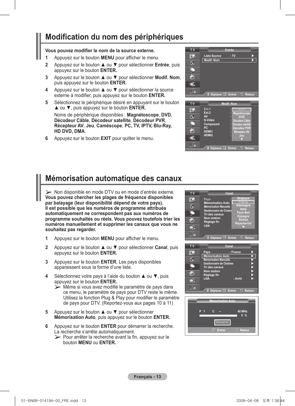 Modification du nom des périphériques, Mémorisation automatique des canaux | Samsung PS42A416C1D User Manual | Page 63 / 394