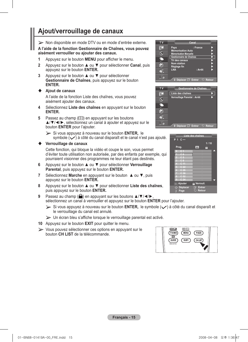 Ajout/verrouillage de canaux | Samsung PS42A416C1D User Manual | Page 65 / 394
