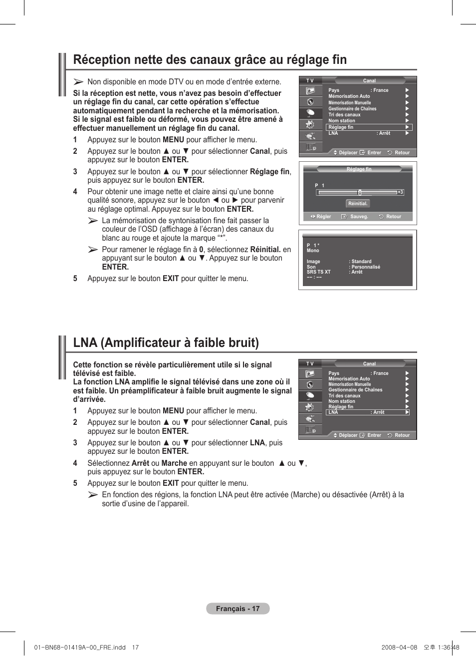 Réception nette des canaux grâce au réglage fin, Lna (amplificateur à faible bruit) | Samsung PS42A416C1D User Manual | Page 67 / 394