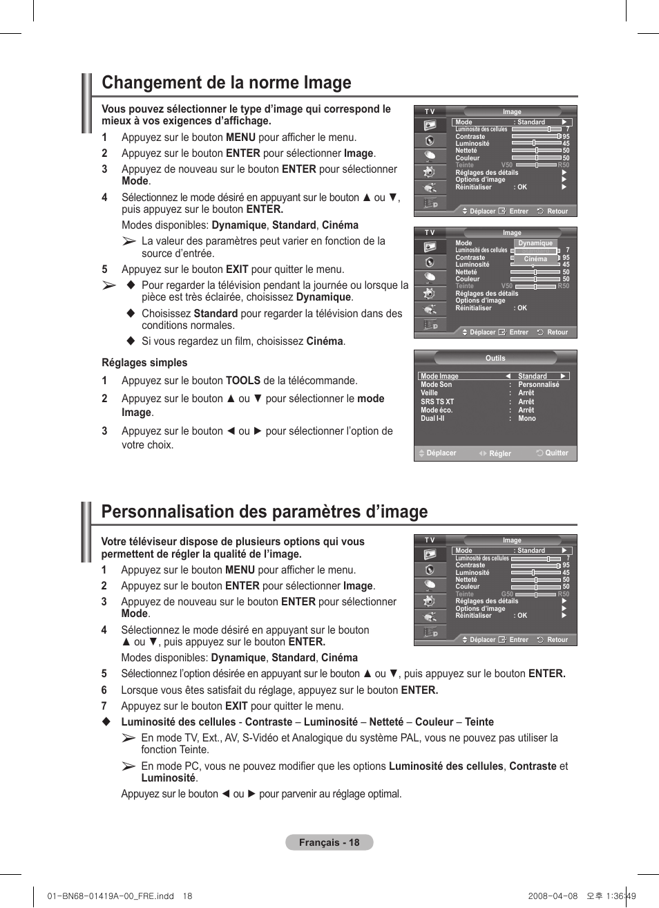 Personnalisation des paramètres d’image, Changement de la norme image | Samsung PS42A416C1D User Manual | Page 68 / 394