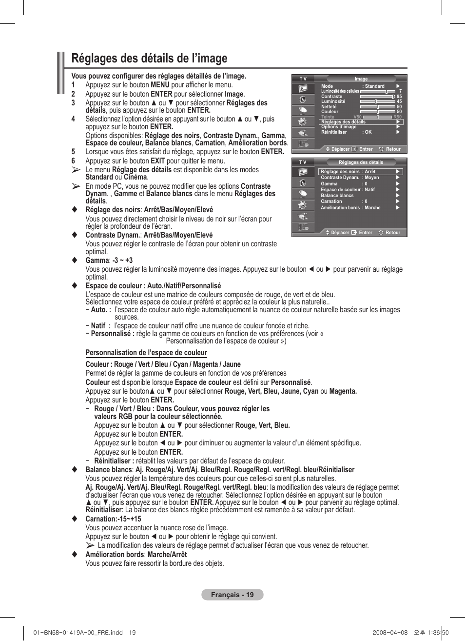 Réglages des détails de l’image | Samsung PS42A416C1D User Manual | Page 69 / 394
