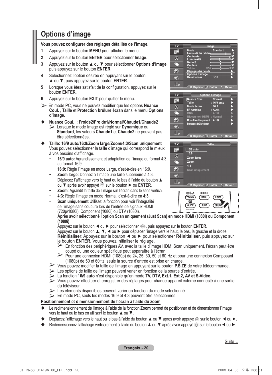 Options d’image | Samsung PS42A416C1D User Manual | Page 70 / 394