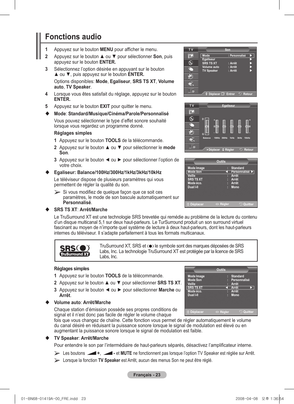 Fonctions audio | Samsung PS42A416C1D User Manual | Page 73 / 394