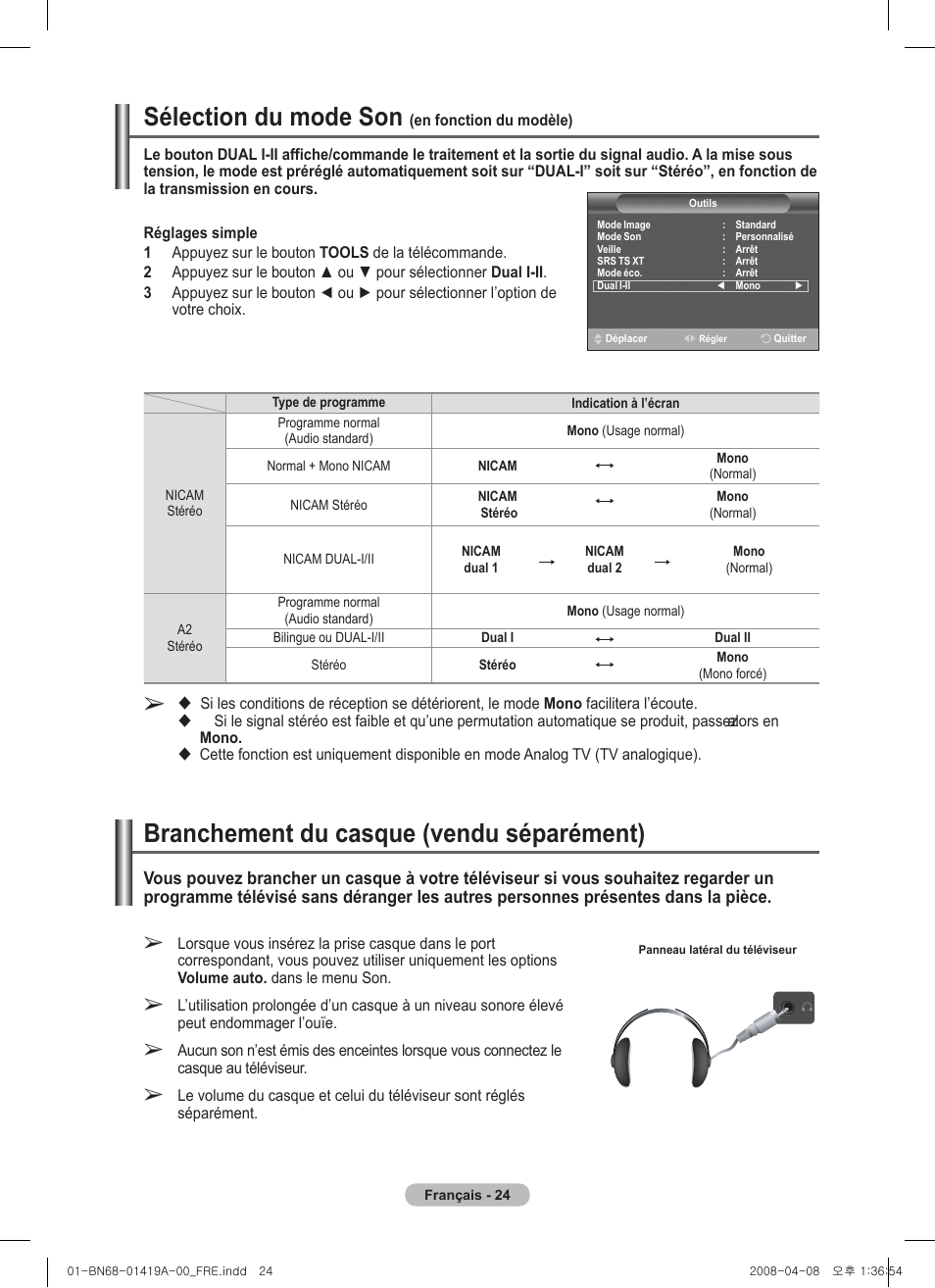 Sélection du mode son, Branchement du casque (vendu séparément) | Samsung PS42A416C1D User Manual | Page 74 / 394