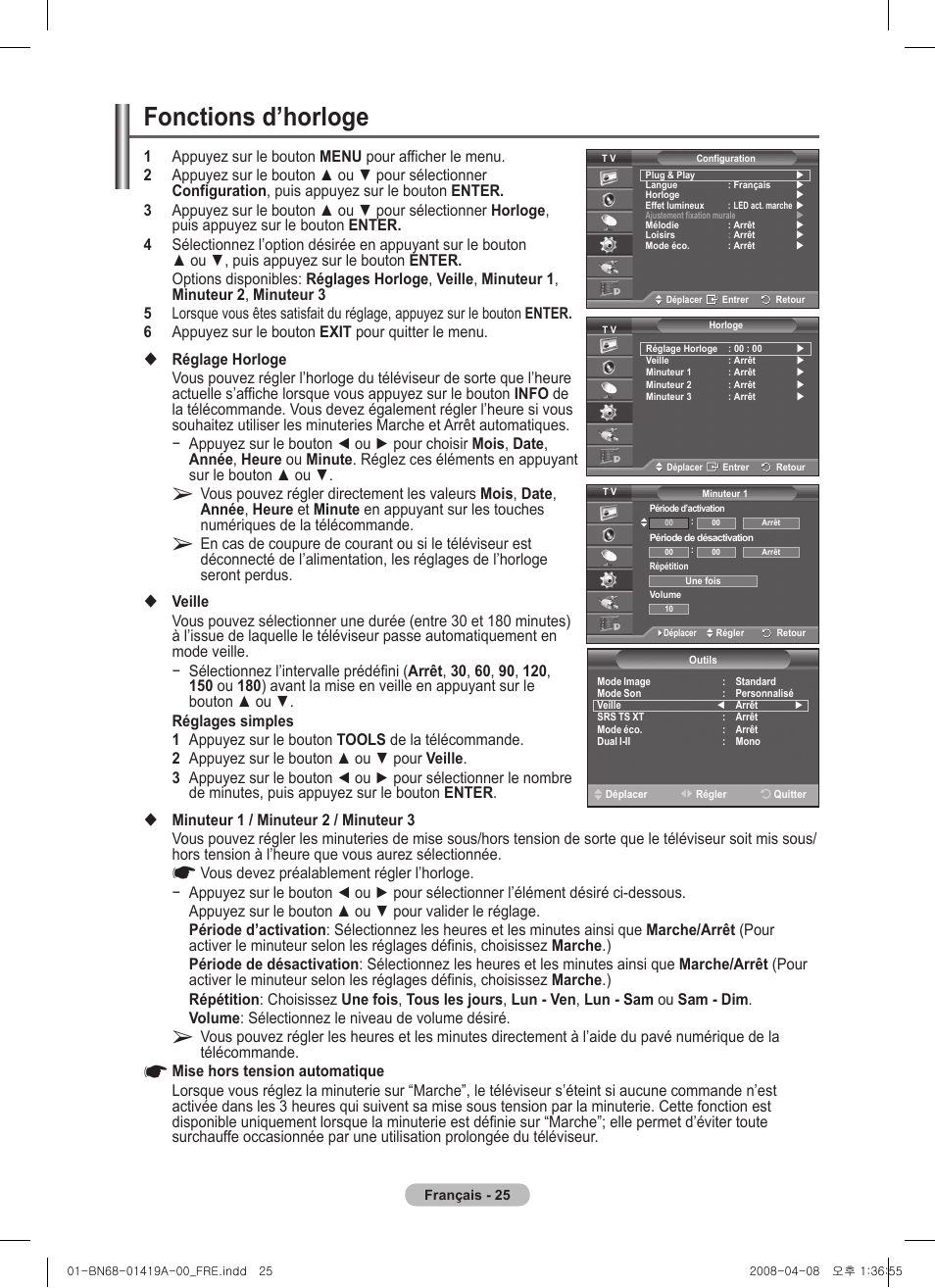 Fonctions d’horloge | Samsung PS42A416C1D User Manual | Page 75 / 394