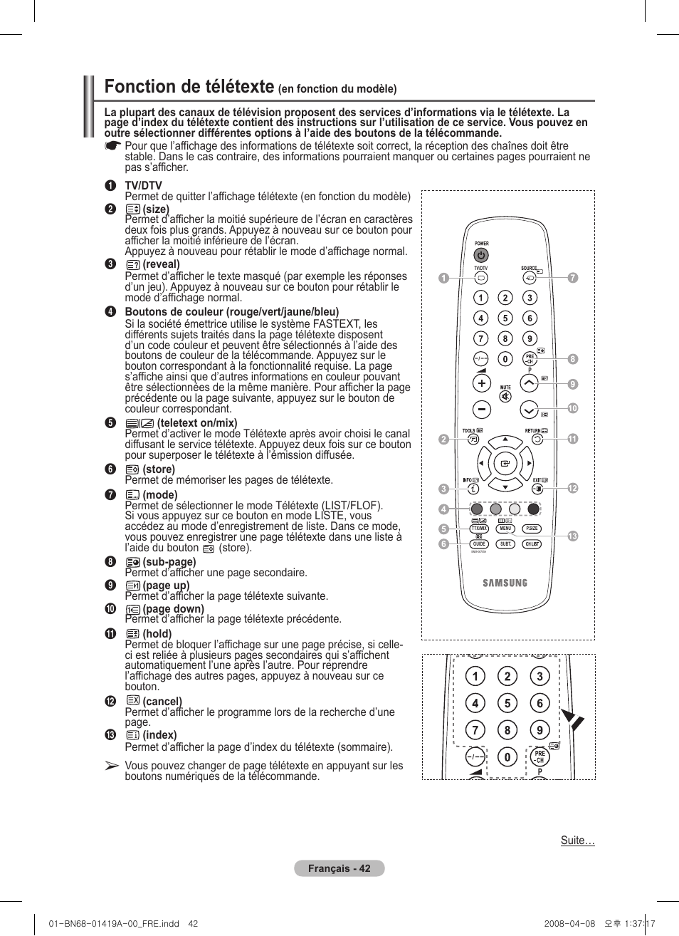 Fonction de télétexte | Samsung PS42A416C1D User Manual | Page 92 / 394