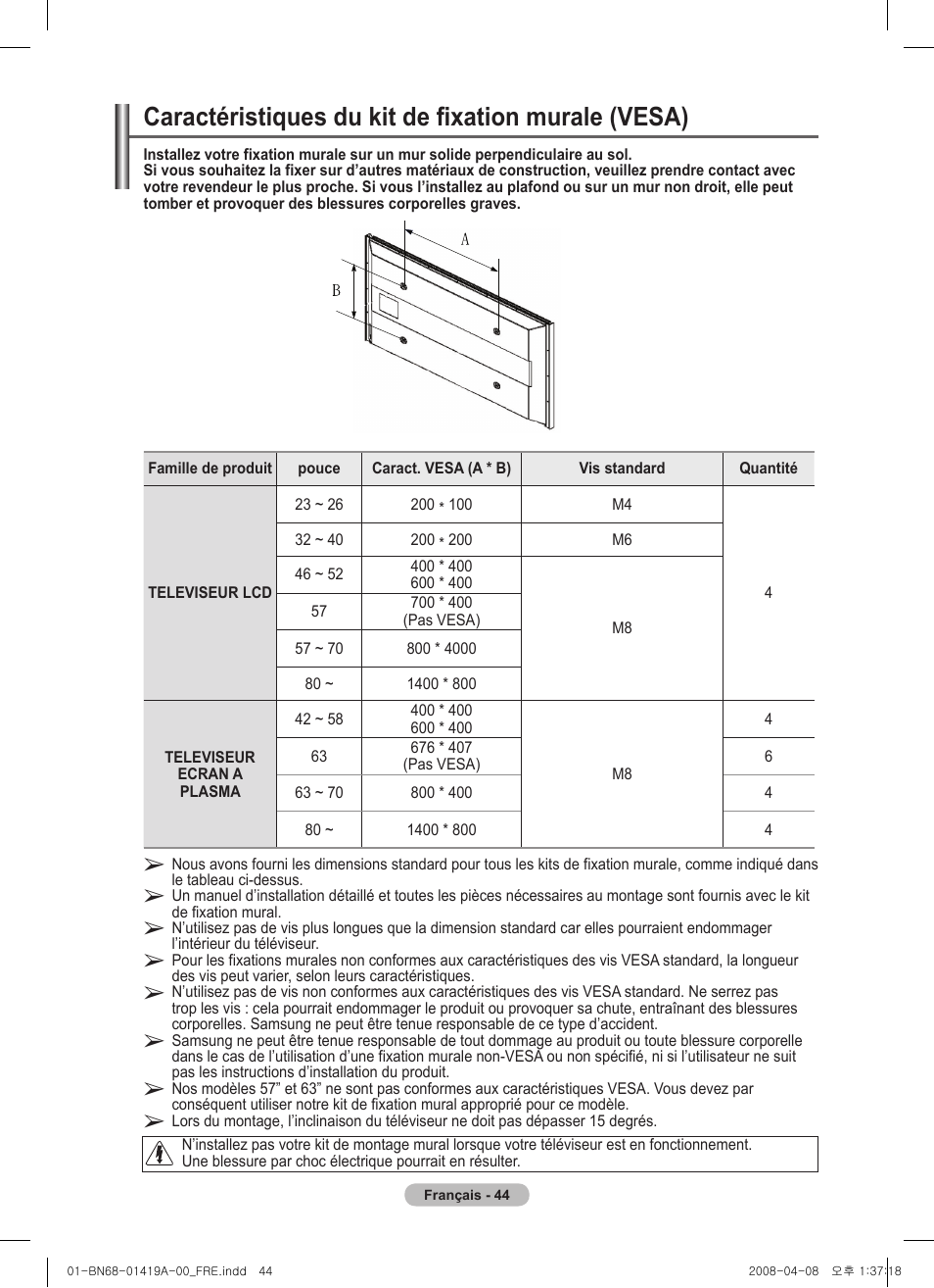 Caractéristiques du kit de fixation murale (vesa) | Samsung PS42A416C1D User Manual | Page 94 / 394