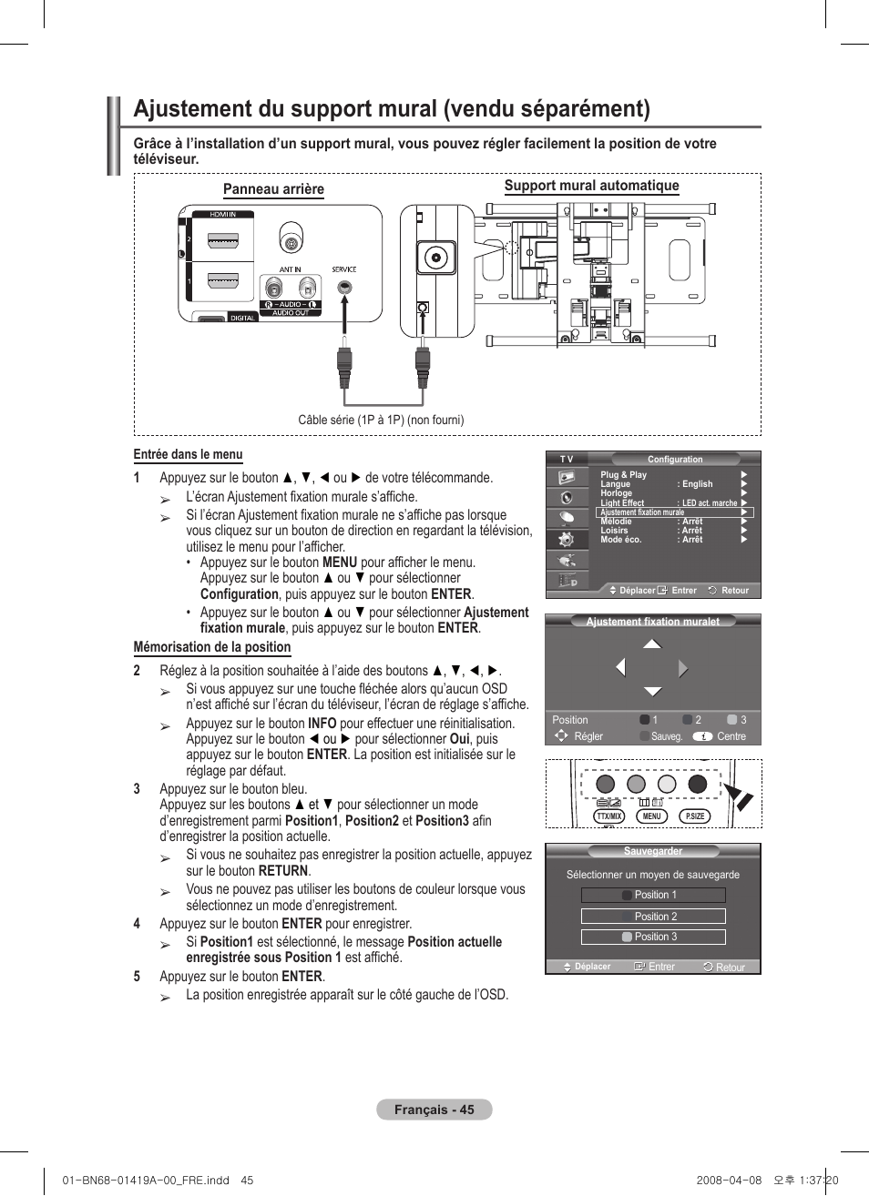 Ajustement du support mural (vendu séparément) | Samsung PS42A416C1D User Manual | Page 95 / 394