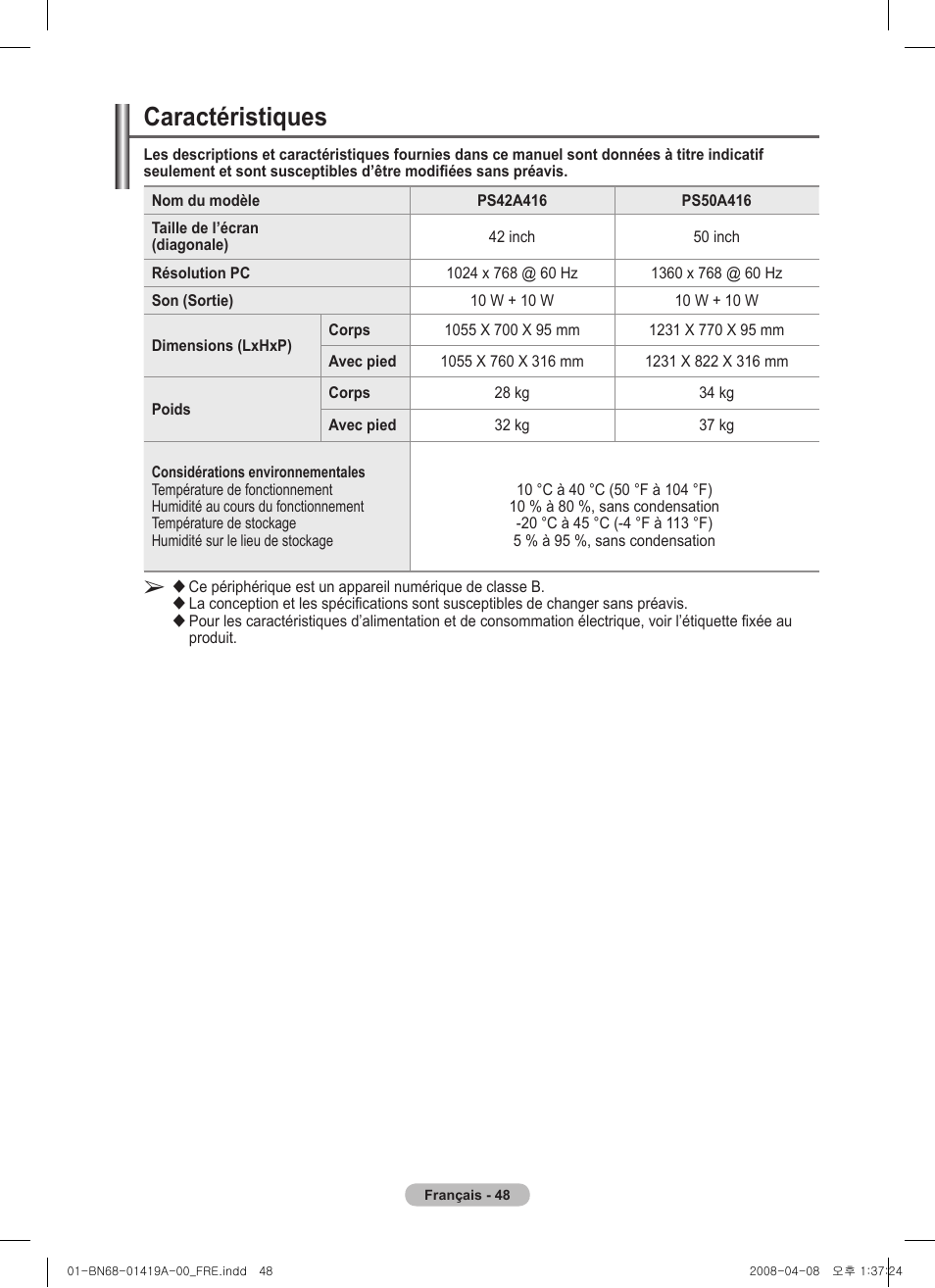 Caractéristiques | Samsung PS42A416C1D User Manual | Page 98 / 394