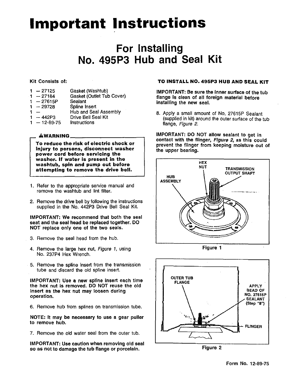 Important instructions, For installing no. 495p3 hub and seal kit | Amana 495P3 User Manual | Page 2 / 4